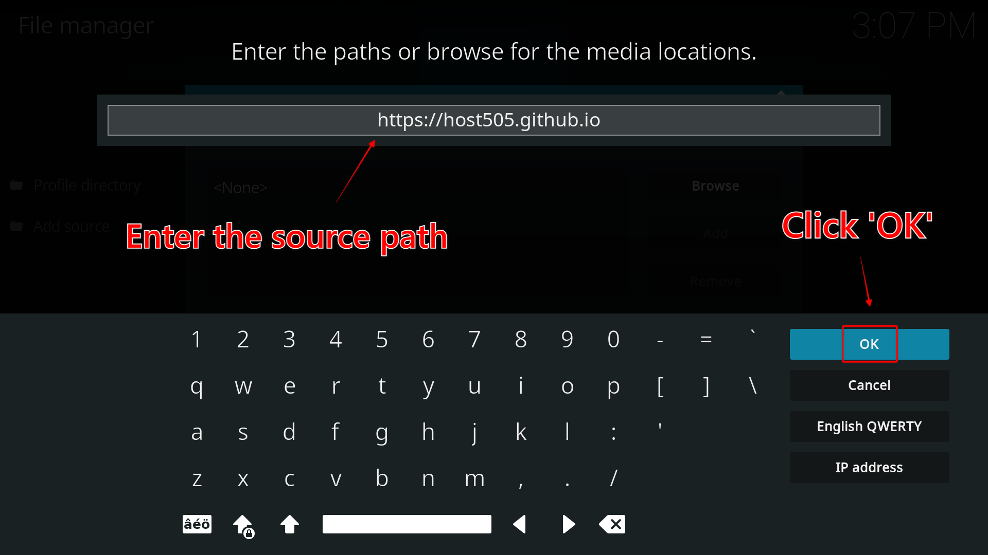 Kodi file source path window to enter The Oath addon URL