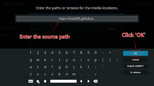 Kodi file source path window to enter The Oath addon’s URL