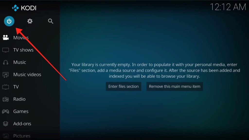 Kodi home screen and choose the Power button