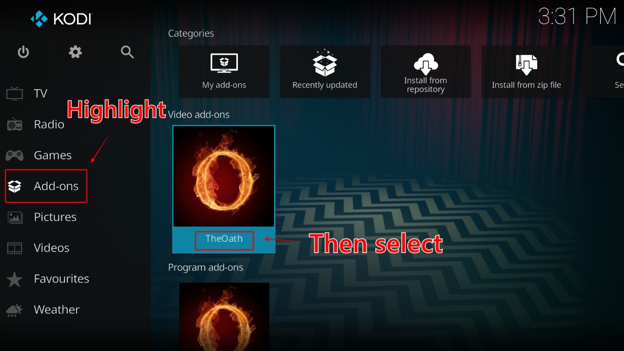 Kodi home screen with Add-ons being highlighted and TheOath selected