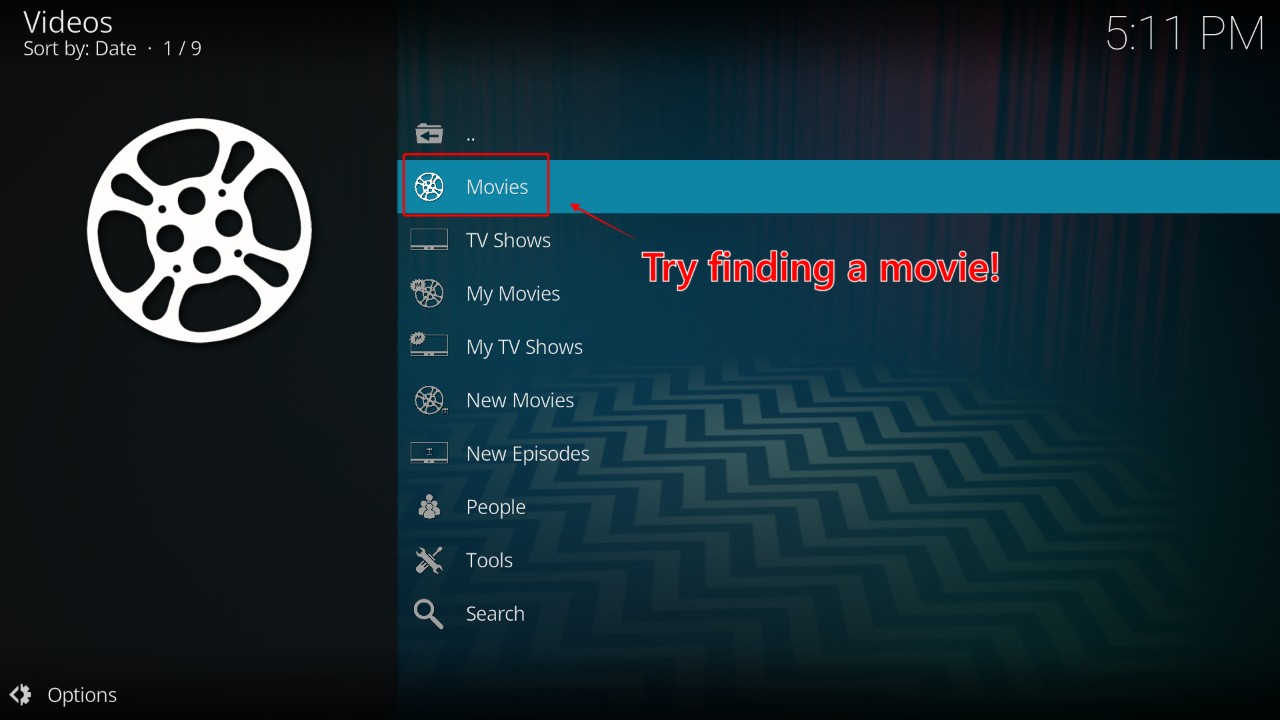 Kodi main screen select Movies