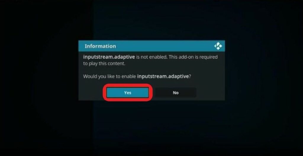 Kodi pop-up after launching the Netflix addon for the first time to enable the inputstream adaptive addon