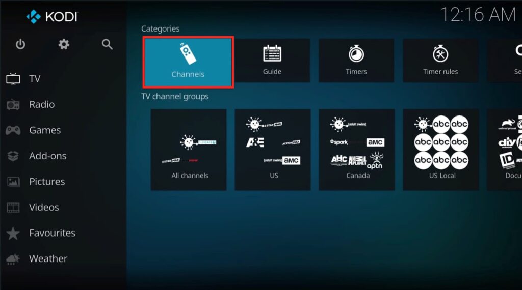 Kodi screen Channels highlighted