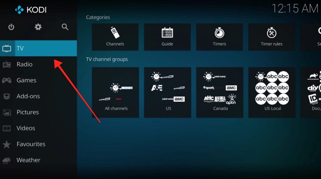 Kodi screen choose TV on the left panel