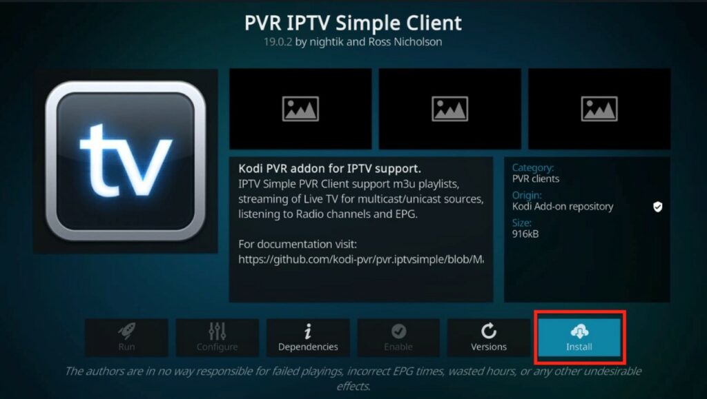 Kodi screen for PVR IPTV Simple Client, Install hihglighted