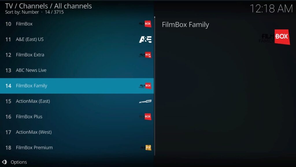 Kodi screen showing list of all channels