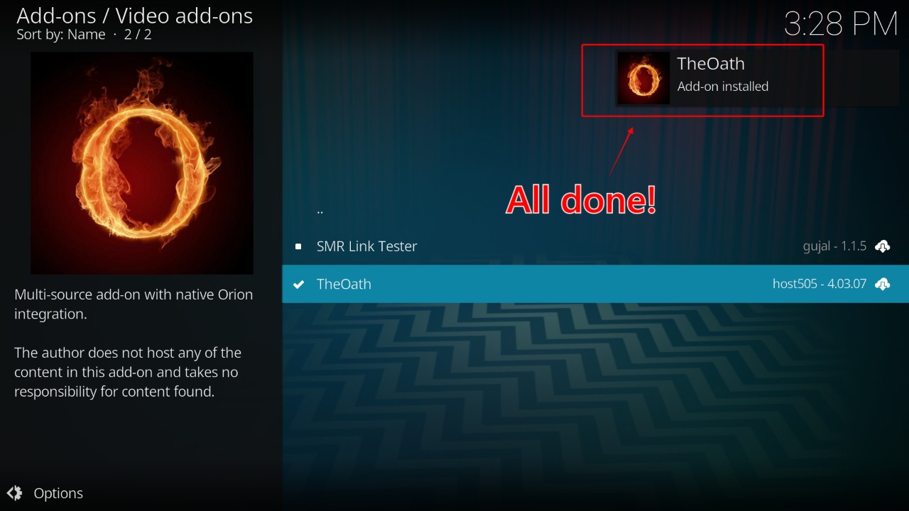 Kodi-video-add-TheOath-successfully-installed