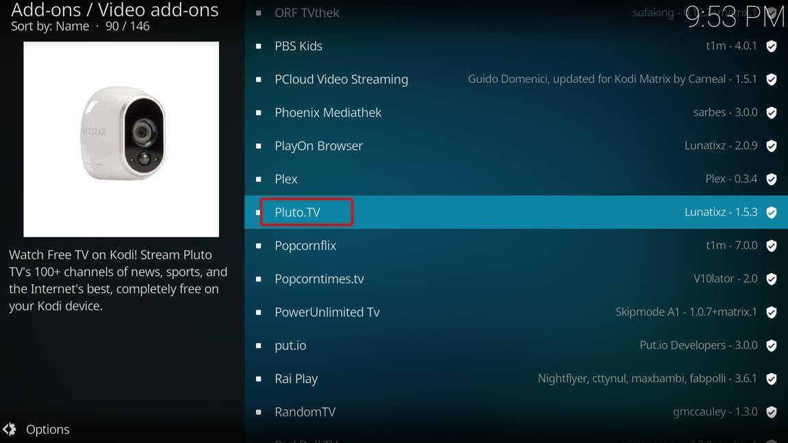 Kodi video add-ons, Pluto TV highlighted