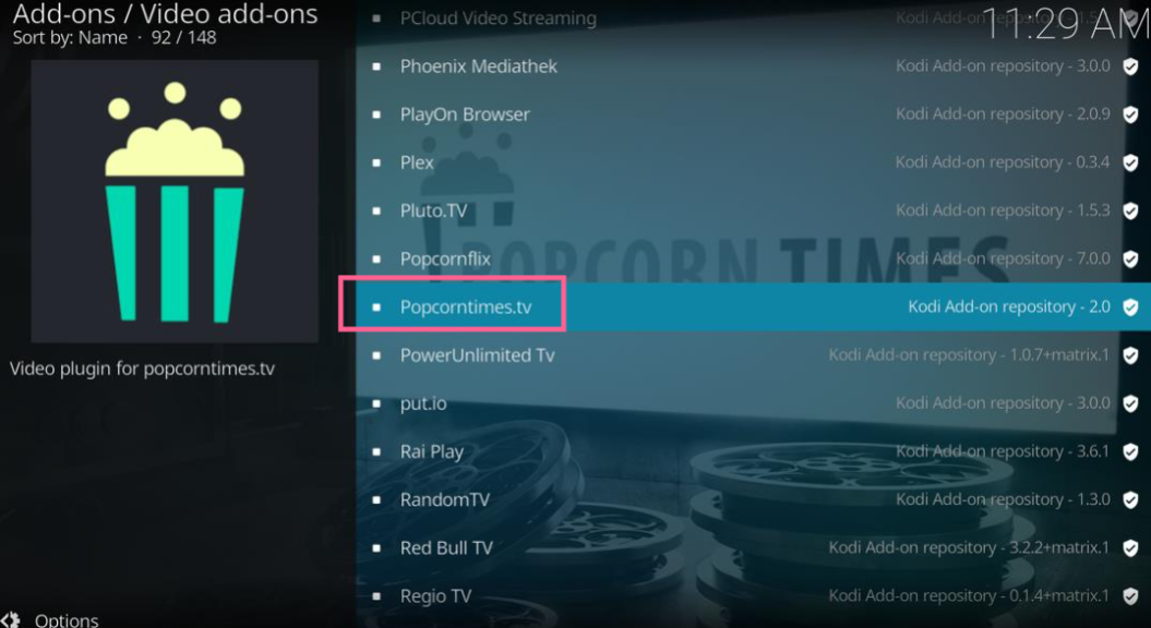 Kodi video add-ons repository Popcorntimes.tv addon highlighted