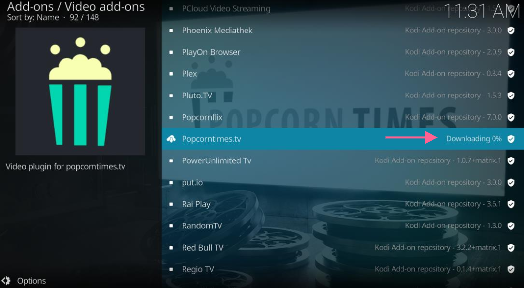 Kodi video add-ons repository Popcorntimes.tv installing status