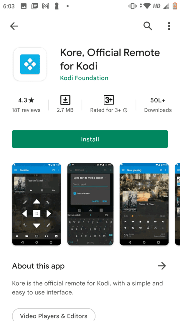 Kore remote app install screen