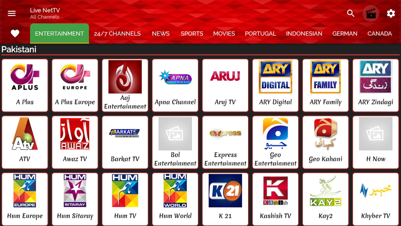 Live Net TV home screen