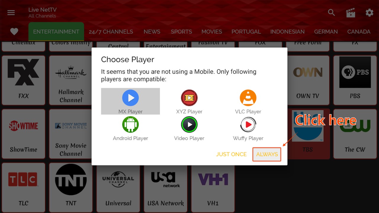 Live Net TV media player pop-up with MX Player selected and ‘ALWAYS’ highlighted