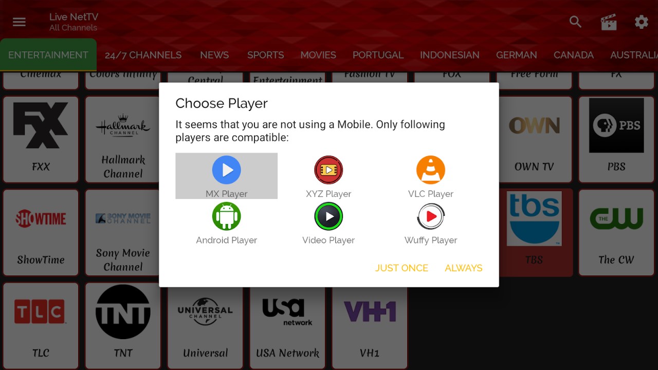 Live Net TV pop-up for choosing a media player