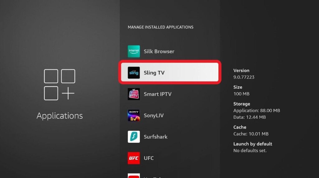 Manage Installed Application window Sling TV highlighted