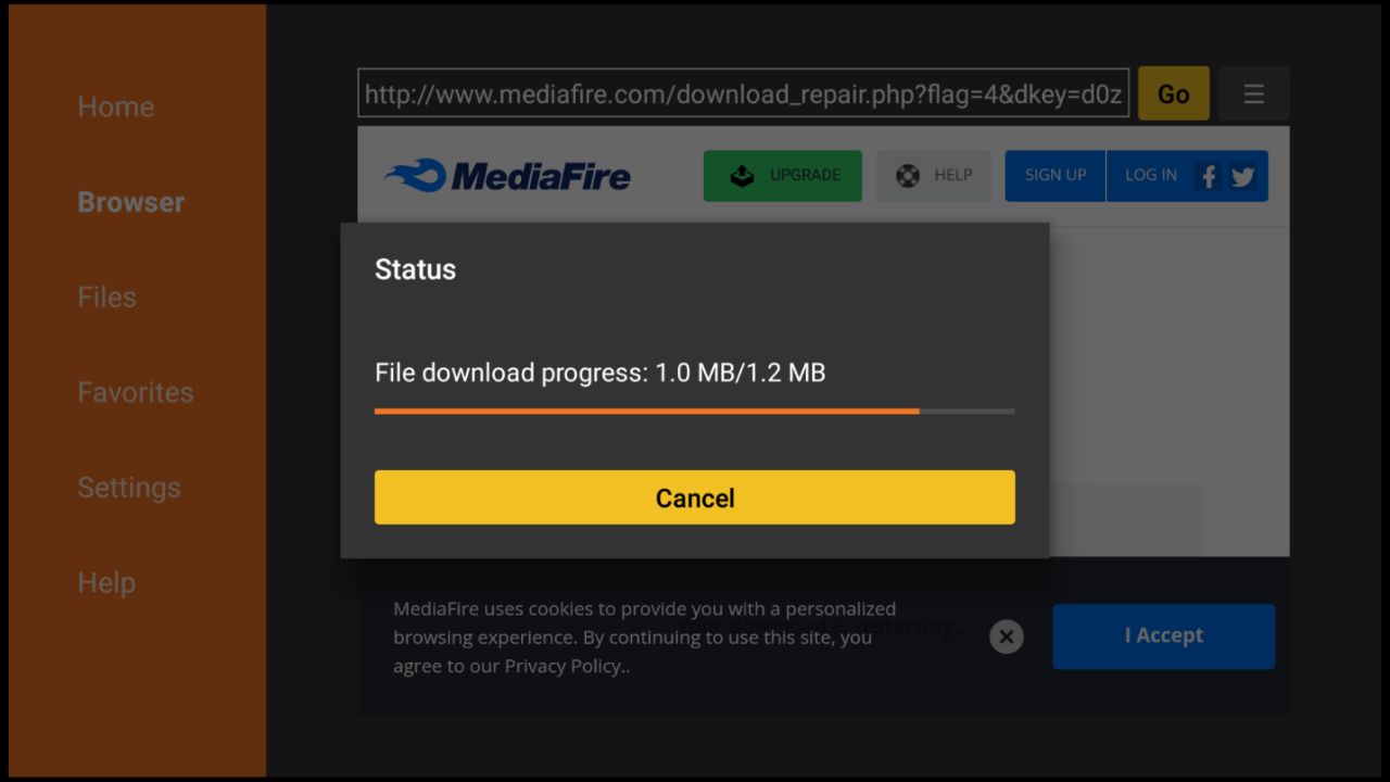 Status dialog box showing the download progress of Mouse Toggle on Firestick