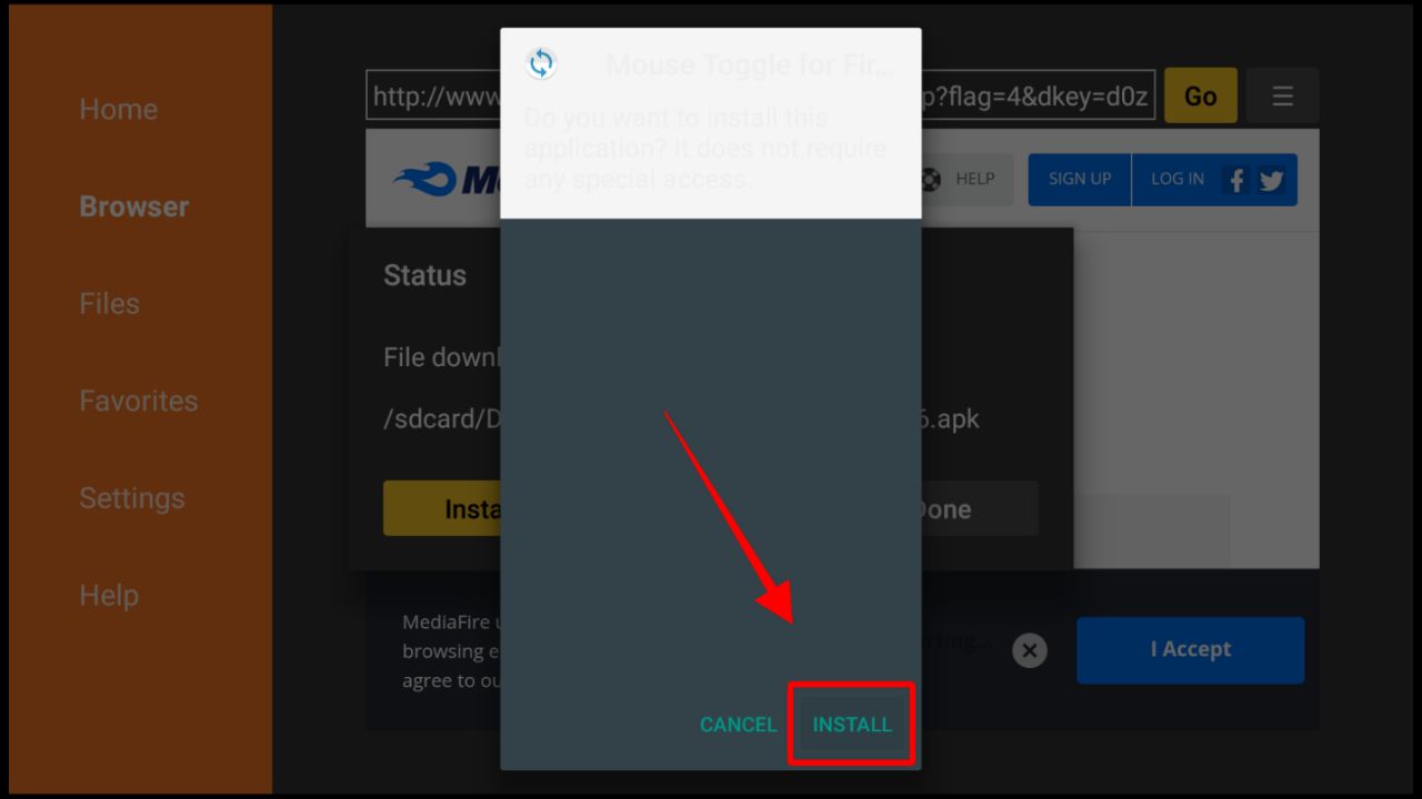 Notification box with the Install option highlighted to confirm Mouse Toggle’s installation on Firestick
