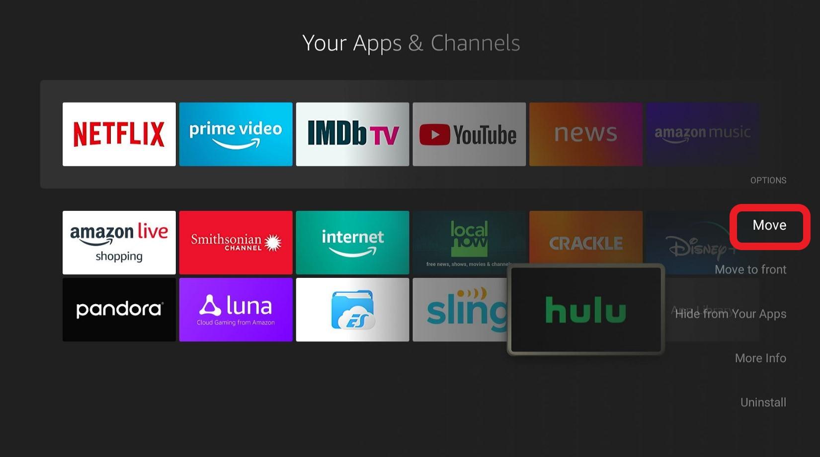 Move highlighted Hulu app