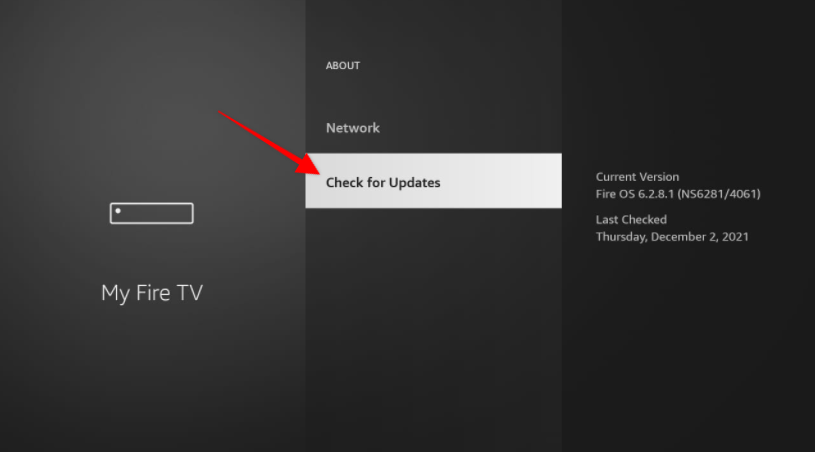 My Fire TV Check for Updates highlighted