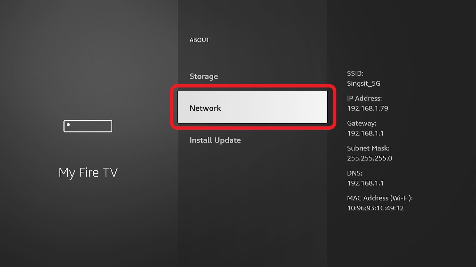 My Fire TV menu Network highlighted