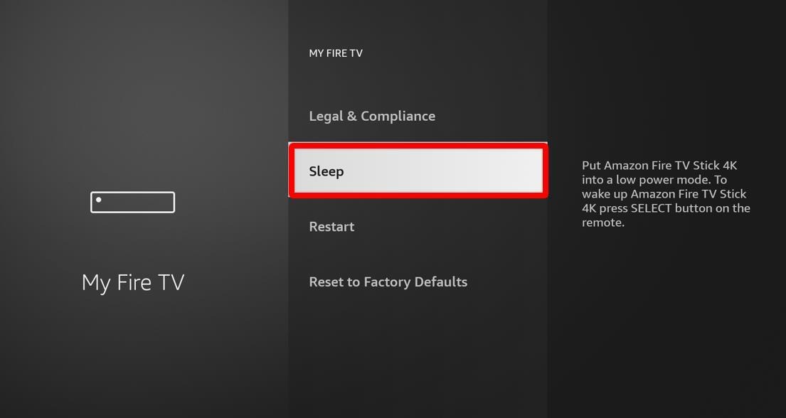 My Fire Tv menu Sleep option