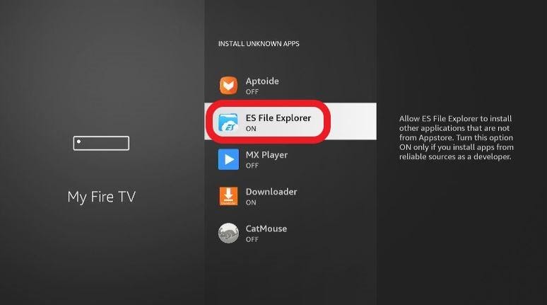 My Fire Tv screen, ES File Explorer ON highlighted