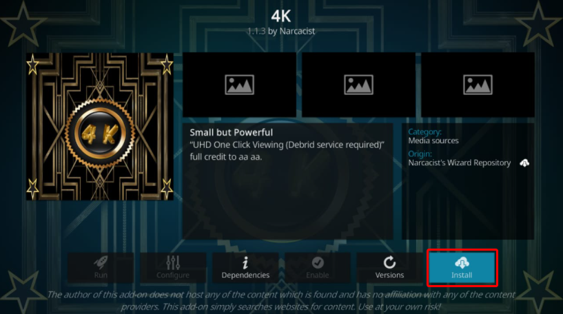 Narcacist Wizard Repository Kodi 4K add-on Install screen