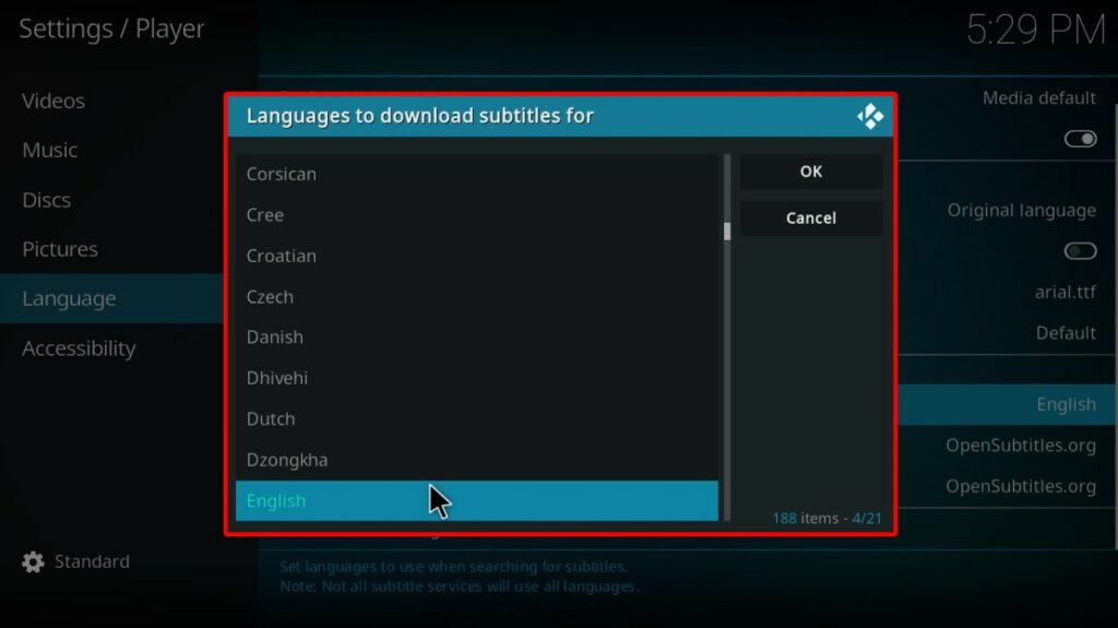 OpenSubtitle’s Languages to download subtitles pop-up menu showing different language options