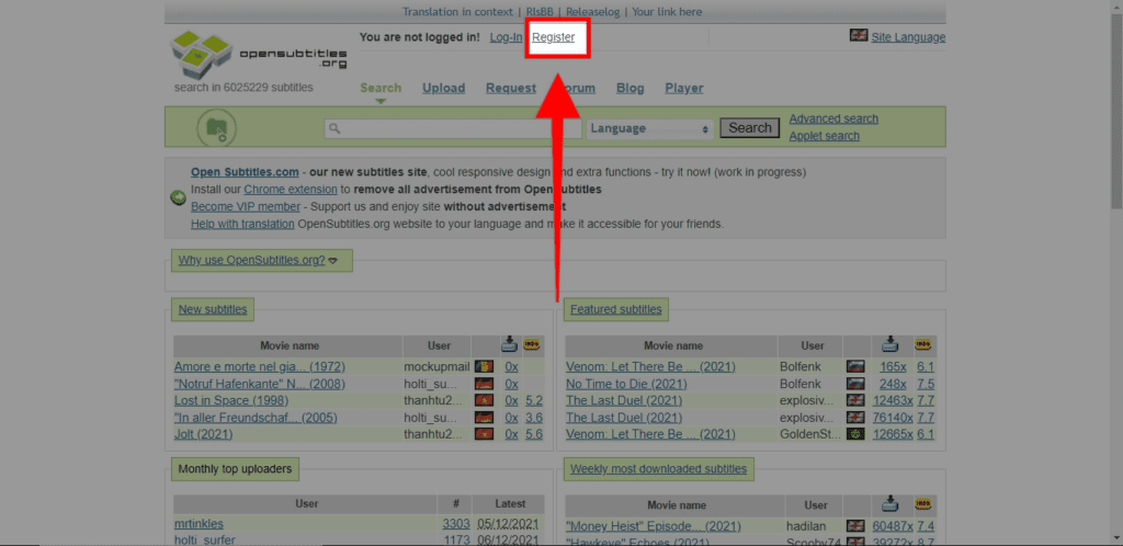 OpenSubtitles’ Register link located at the top of the page