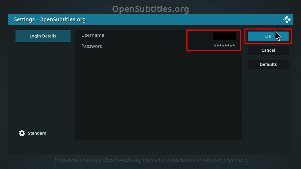 OpenSubtitles configuration dialog box with username and password fields