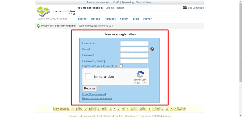 OpenSubtitles new user registration form