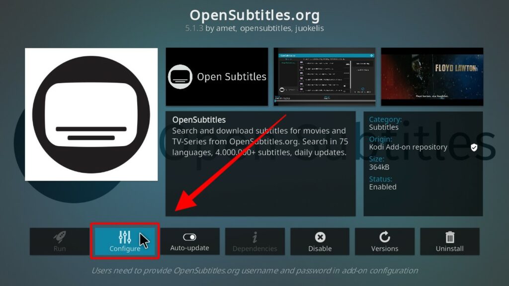 OpenSubtitles screen with the Configure tile highlighted