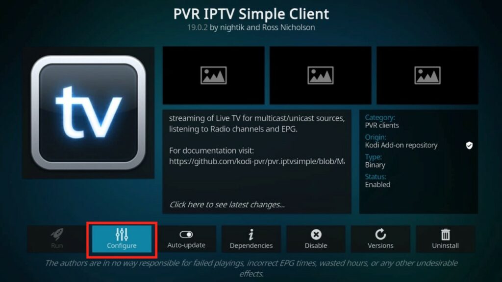 PVR IPTV Simple Client, Configure highlighted