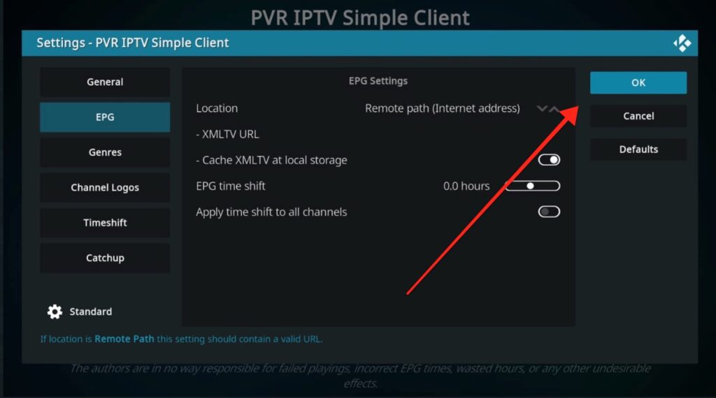 PVR IPTV Simple Client, on EPG tab click OK