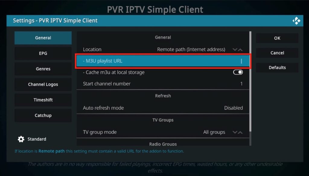 PVR IPTV Simple Client, on General tab choose the M3U Playlist URL