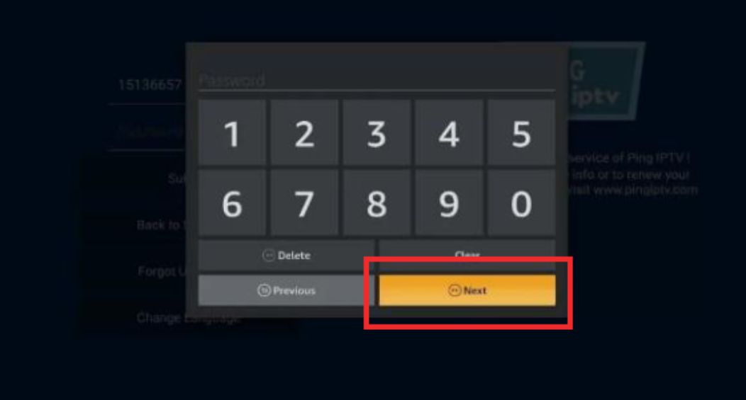 Ping IPTV Password Screen