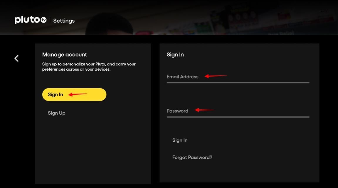 Pluto TV Profile Manage account Sign in screen