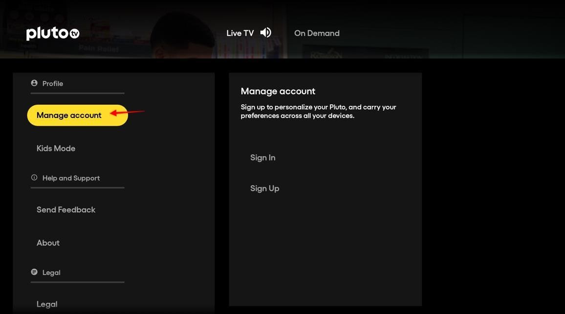 Pluto TV Profile Manage account button highlighted