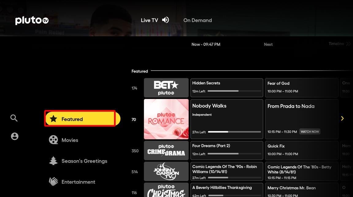 Pluto TV dashboard Featured button highlighted