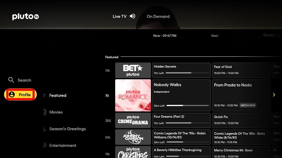Pluto TV dashboard Profile button highlighted
