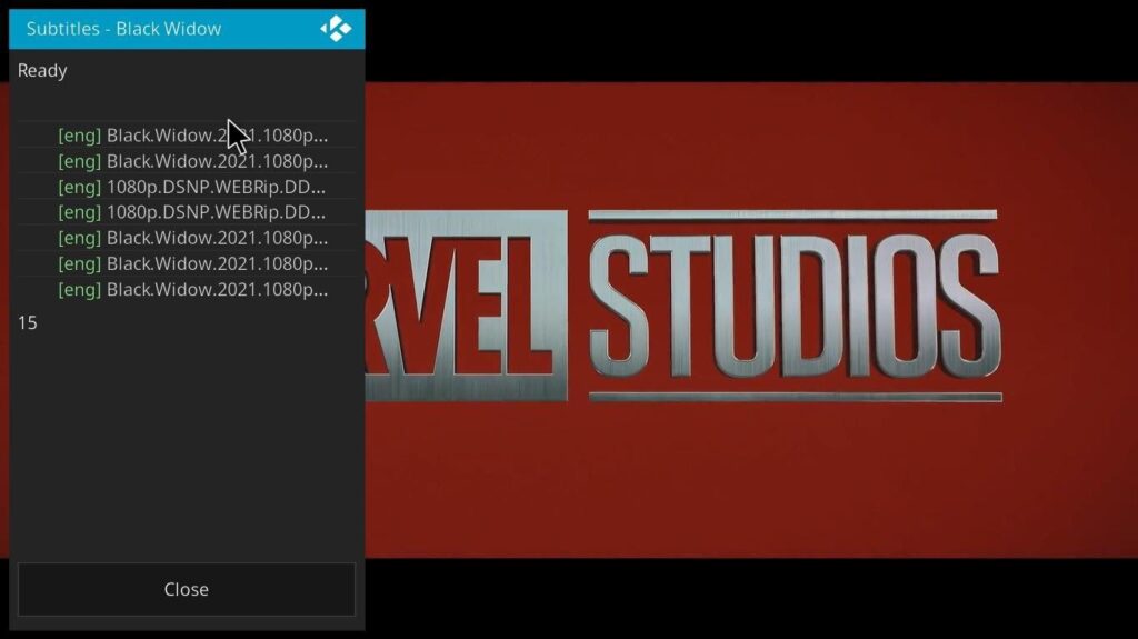 Screenshot of a Marvel movie playing with the automatic subtitle on Kodi