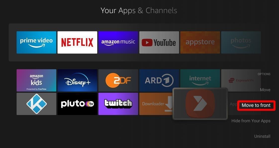 Select Move to front from device menu, to move Aptoide TV to the top of list