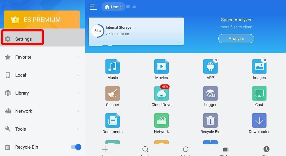 Settings of ES File Explorer