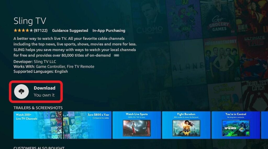 Sling TV app Download button highlighted