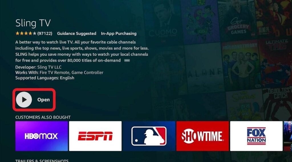 Sling TV app Open screen