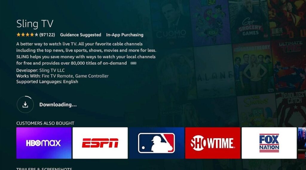 Sling TV app downloading status screen