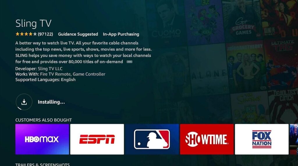 Sling TV app installing screen