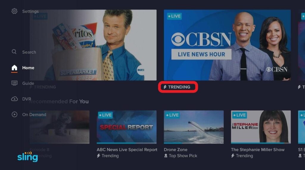 Sling TV homepage Trending highlighted