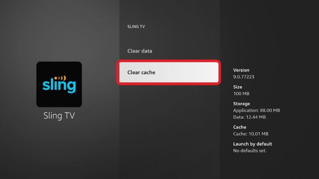 Sling TV screen Clear cache highlighted