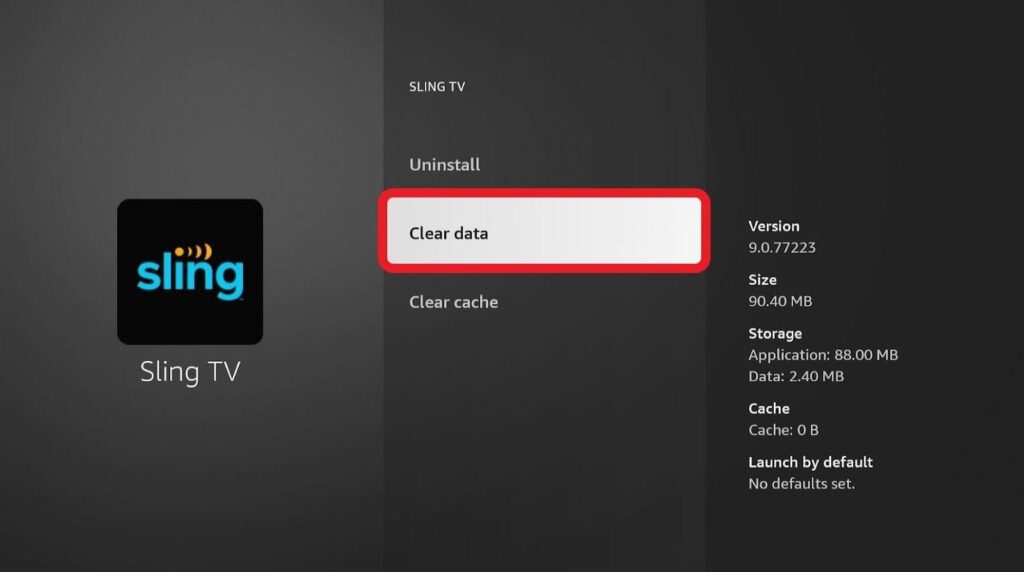 Sling TV screen Clear data highlighted